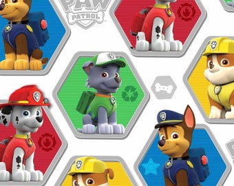 Nickelodeon Cartoon Fabric: Paw Patrol To The Rescue Puppies Characters on White 100% cotton Fabric (DA5)
