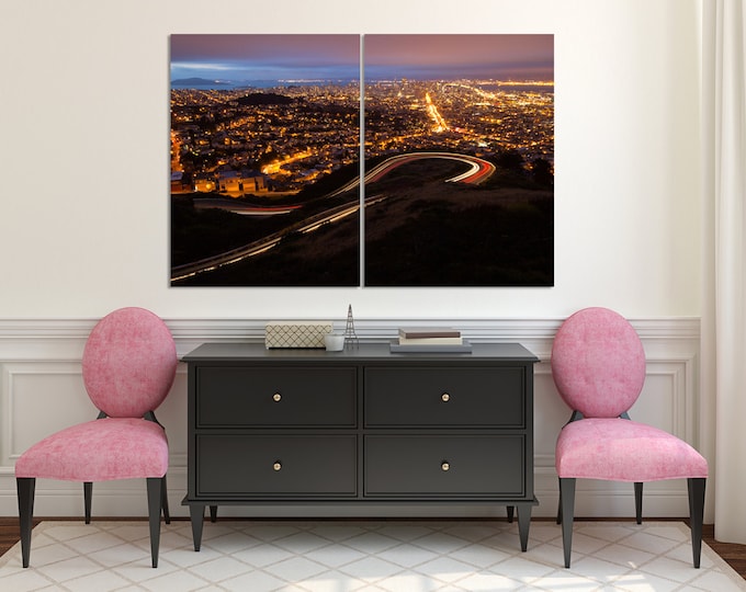 San Francisco night modern wall art print, romantic San Francisco cityscape digital wall art print of 3 or 5 canvas set