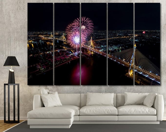 Thailand Bhumibol Bridge with fireworks in Bangkok canvas print, Bangkok fireworks night sky canvas wall art, firework cityscape wall art