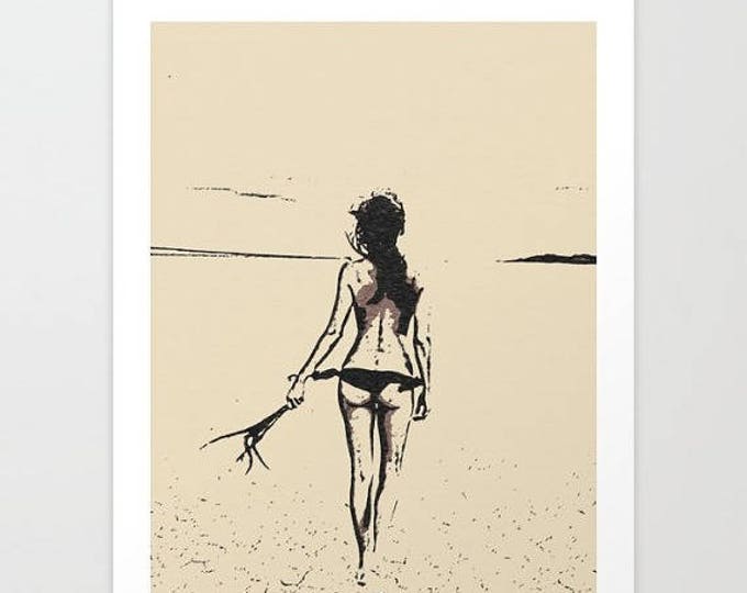 Erotic Art Giclée Print - Freedom, bikini girl sketch, figurative sensual, erotic artwork, sexy outdoors nude, high resolutio...
