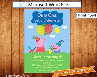 Peppa Pig Invitation, Editable Microsoft Word file, DIY Word Template, Instant Download, Digital File