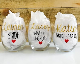 Bridal party wine glasses / Bride / Maid of Honor / Bridesmaid / wedding / bridal party / personalize/ stemless/ bridesmaid gifts