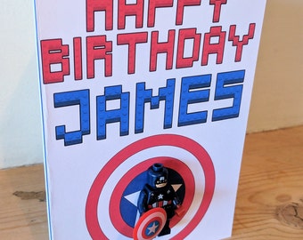 Personalised Captain American Lego Inspired Birthday Card - Includes Figure!!