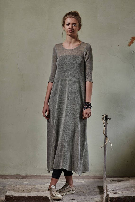 Knitted LINEN DRESS Knit linen maxi dress Silver organic