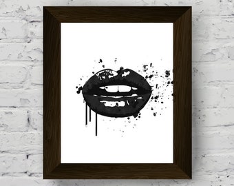 fashion illustration, black and white prints, lips print, modern poster wall art, fashion print, lips printable artwork, digital download
