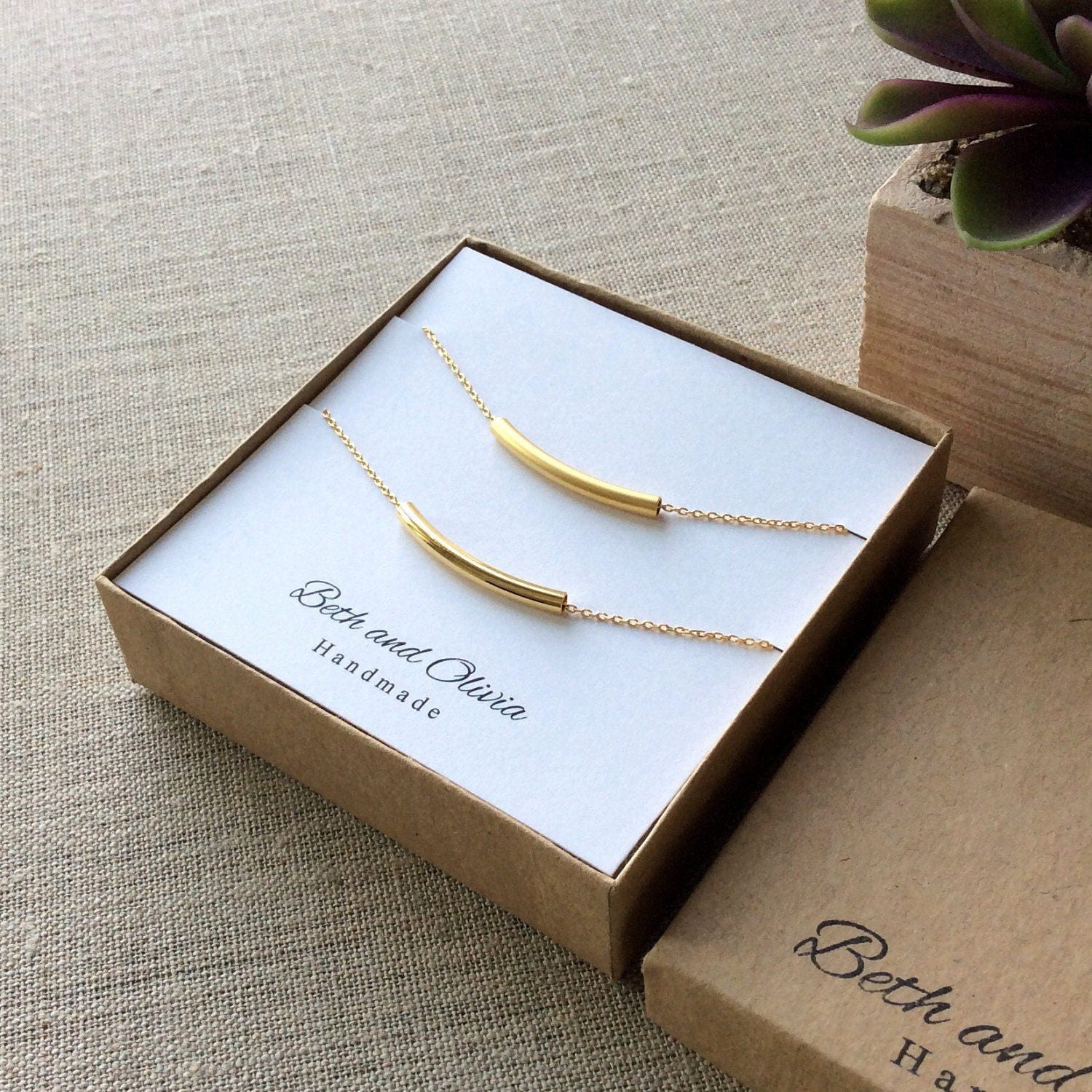 Gold tube necklace set, sisters necklace set, best friend necklace set, twins jewelry, curved tube pendant, simple necklace, casual wear