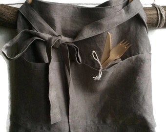 Gray Cafe Apron, Short Apron, Linen Half Apron, Womens Apron, Mens Apron, Unisex Apron, Chef Apron, Wrap Apron, Apron with Front Pockets