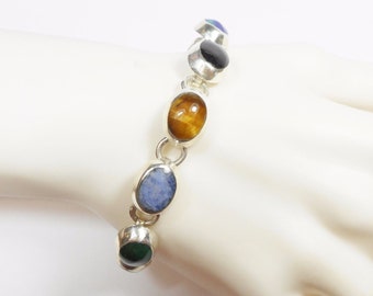 Taxco Bracelet, Gemstone Bracelet, Vintage Bracelet, Taxco Sterling Silver Multi Gemstone Link Bracelet 7" TB-15 #2825