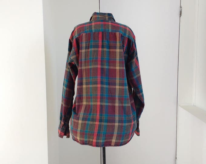 Royal Robbins shirt size L, blue red mustard plaid, cotton flannel shirt, vintage mens shirt, colourful longsleeve, casual button down shirt