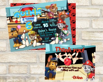 Bowling birthday invitation for paw patrol party theme for invite and thank you cards digital file download to print skye, marshal, chase,