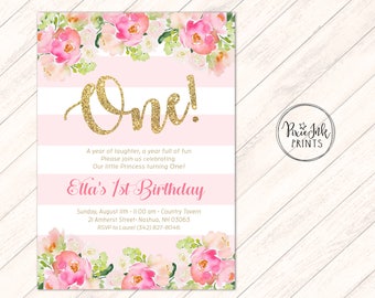Pink & Gold First Birthday Invitation, Stripe 1st Birthday Invitation, Gold Accent, Girls 1st Birthday Invitation, Floral Birthday Invite,