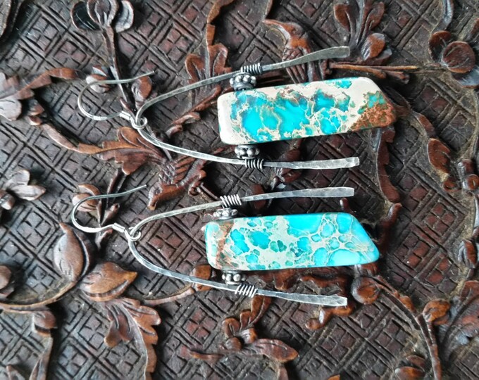 These Turquoise Colored Sediment Jasper Earrings are in a Handmade Sterling Silver Setting