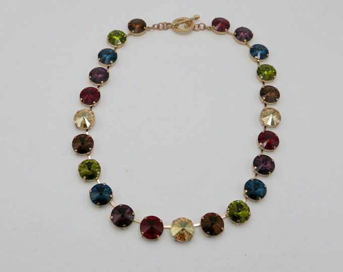Rainbow 14mm rivoli crystal Swarovski collar necklace guaranteed to get noticed and turn heads! Gem tone Swarovski rivoli crystals collar