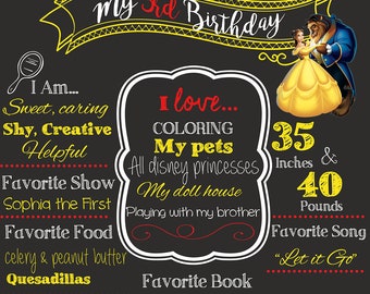 Disney Princess Chalkboard Birthday poster. Beauty and the Beast party decor