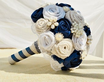 Burlap Bouquet,Navy Blue Brooch Bouquet,Brooch Bouquet with Burlap and Satin Roses,Bouquet with Navy Blue and Ivory Fabric Flowers.