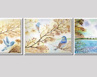 Watercolor images of autumn, winter, summer
