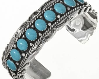 Navajo Genuine Turquoise Row Bracelet Sterling Southwest Cuff Native American Jewelry