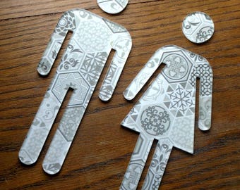 Retro Toilet Door Man & Woman Sign, Cool Bathroom Wall Symbols - High Gloss Acrylic Finish - Grey Tile Pattern Loo Sign, Toilet Signs