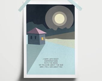 Quotes night Moon decor wall art landscape poster Minimalist home Midnight love Illustration simple landscape Printable Gray print blue sky