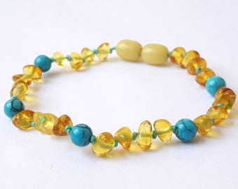 Baltic amber teething bracelet lemon amber mixed turquoise gemstone knotted bracelet for kids amber turquoise necklace or anklet gift ideas