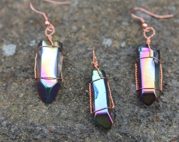 Rainbow Aura Quartz Crystal Tip Earrings & Pendant Set Twisted Copper Wire Wrap Jewelry Set, Blue Stone Jewellery, Boho Hippie Gift for Her