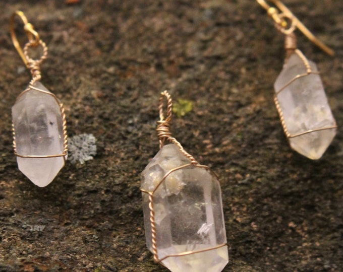 Double Terminated Herkimer Diamond Quartz Crystal Earrings and Pendant Set Wire Wrapped with Gold Filled Wire, Minimalist Style Jewelry