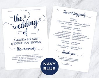 DIY Wedding Programs - Wedding Program Template - Instant Download - Order of Service - Navy Blue Program - Downloadable Wedding #WDH812234