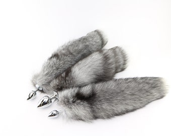 Gorgeous 16"-17" indigo fox tail on stainless steel plug. 3 sizes! Small, medium, large butt plug, anal plug, sex toys, fox tail butt plug,