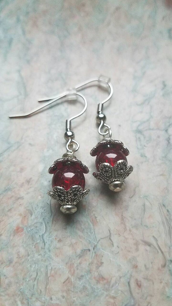 Red and silver dangle and drop earrings. Lightweight nickel