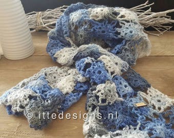 Fine crochet scarf ca. 40 x 150 cm blue/grey-By Itte-
