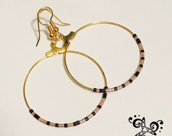 Large pink and brown hoop earring with Miyuki beads