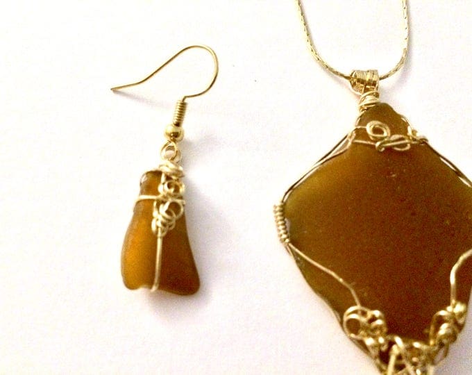 14K Gold - wire wrap - Brown Amber - Beach Glass - Necklace & Earrings - Mothers Day Gift. Gift for Her. Special Gifts. Beach Glass Jewelry