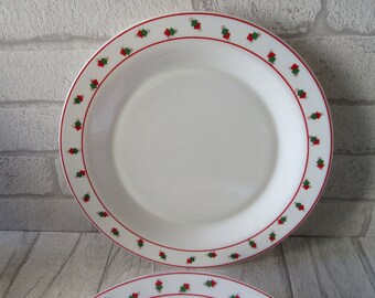 set of 7 Arcopal white pyrex geometric red and green squares pattern dinner plates retro vintage kitsch collectible 1980s pyrex French