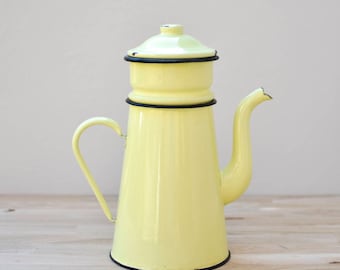French Enamel Coffee Pot, French Vintage, French Enamelware, French Coffee Pot, Enamel, Coffee Pot, Enamelware, Yellow coffee pot