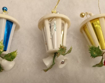 Set of 3 vintage retro plastic Christmas decorations lantern baubles, silver blue & gold 1950s / 60s midcentury kitsch nostalgia traditional