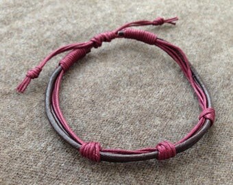 men's Brown Burgundy Handmade Leather adjustable bracelet