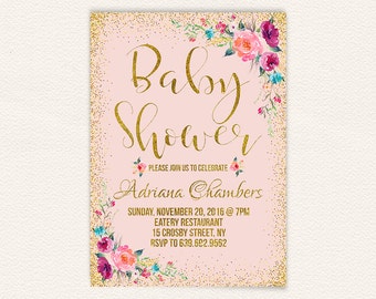 Confetti girls floral baby shower invite, blush pink and gold baby shower invitation, printable pink baby shower invitation, 5x7 jpg 3a