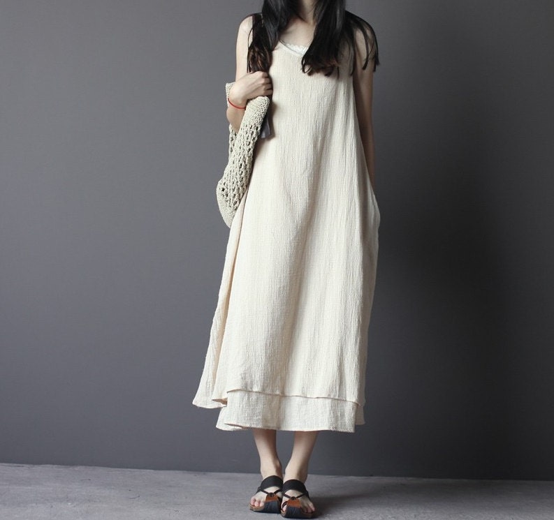 Long casual summer dress/ Sleevelss linen double layers