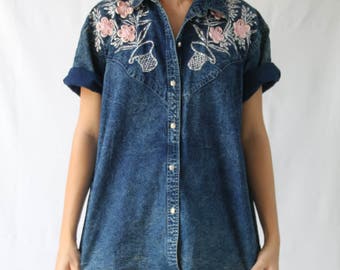 vintage 80’s button up denim shirt with embroidery