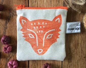 Fox coin purse, handmade purse, hand printed pouch, bags & purses, handmade gift, fox print