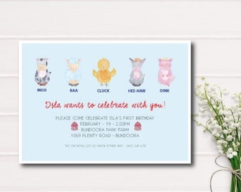 Barnyard Birthday Invitation, Farm Animals Printable Birthday Invite, Farm animal First Birthday, Farm Invite, Cute Farm Animal Bday Invite