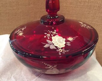 Fenton Ruby Red covered dish-handpainted and signed