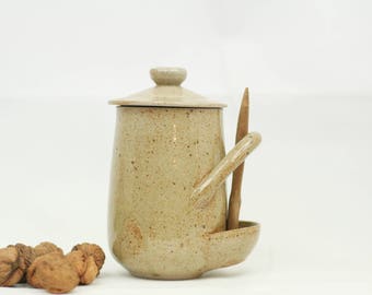 French vintage pickle jar with wooden spoon – earthenware – rustic French kitchen