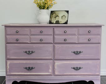 Sweet femininely rustic 6 drawer dresser mostly solid wood chalk painted in Annie Sloan's Henrietta with pure white & paris grey undertones