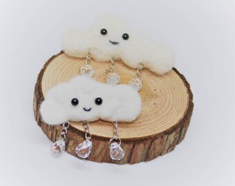 Needle felted cloud and raindrops Brooches, Handmade Rain Cloud with Swarovski crystals, special design brooches, OOAK design accessories.