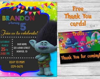 Trolls birthday invitation + Thank You, Trolls invitation, Trolls party invitation, Troll invites, Trolls birthday party Trolls Branch party