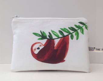 Sloth fabric; Small make up bag; zippered pouch; storage pouch; phone pouch.