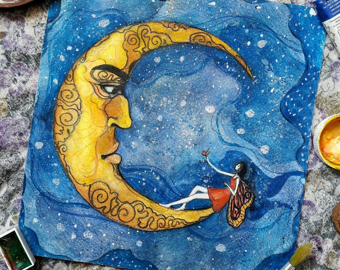 Moon in love ORIGINAL painting by Tatiana Boiko watercolor art, wall art, nursery art, kids, baby, wall hanging, blue night, butterfly, girl