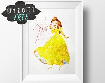 Disney Princess Art Print Poster, Belle Wall Art Nursery Decor Printable Watercolor Beauty And The Beast Instant Download, Kids Gift Decor