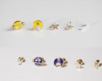 Space studs earrings-set of 5-tiny-mini-jewelry-earth-half moon-stars-space-unique-earrings-crystal-gift-white-black-blue-gold